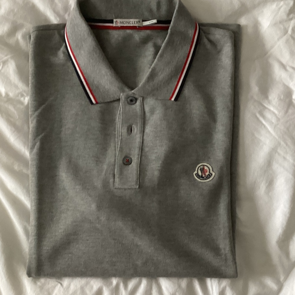 Moncler Grey Polo with Red, White & Blue Collar Trim.
